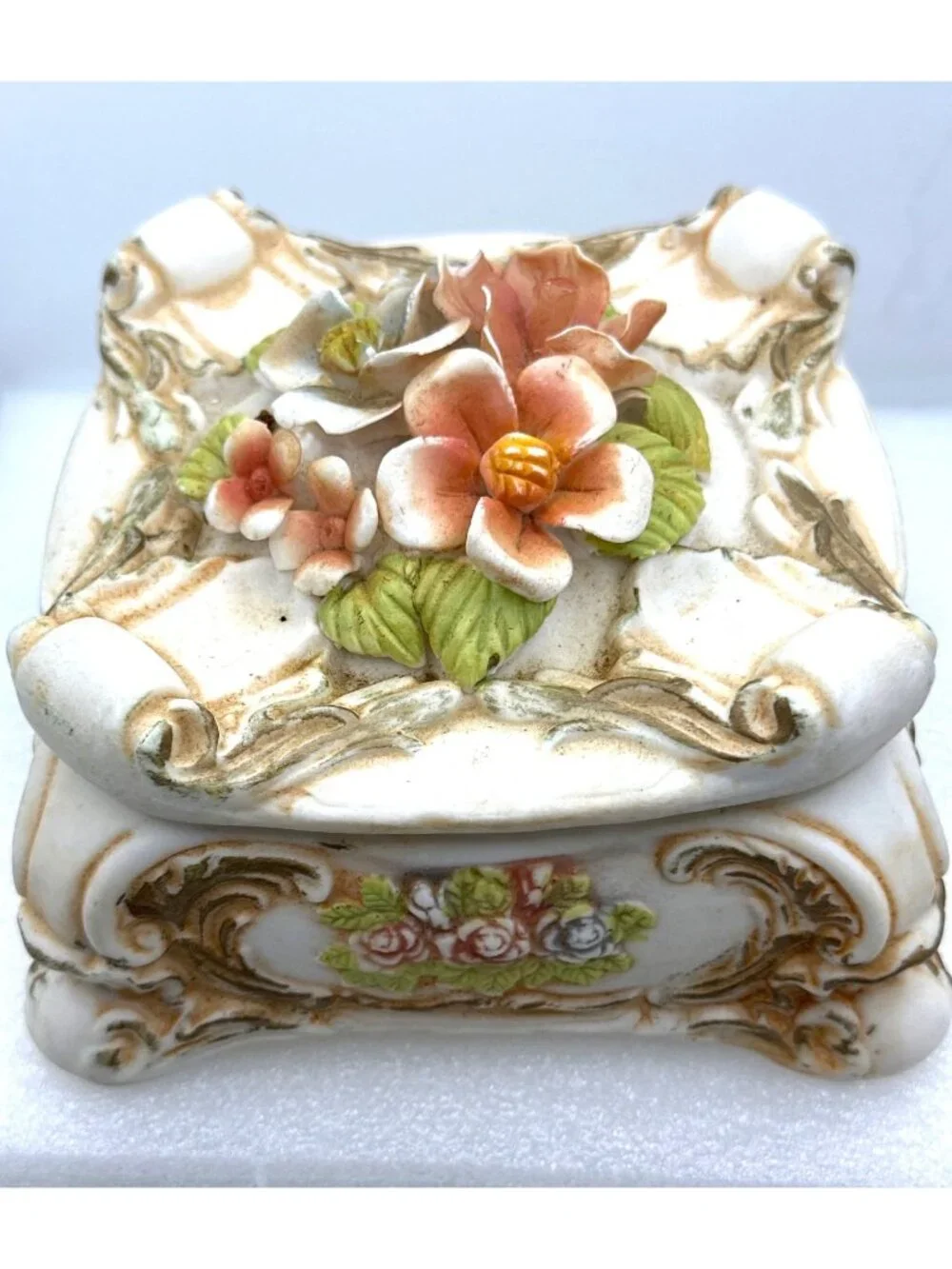 Vintage Porcelain Trinket Box Floral Lidded Footed Bisque Italian Style FLAWED